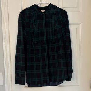 Dark Green and Black Plaid Button-Up Silky Blouse
